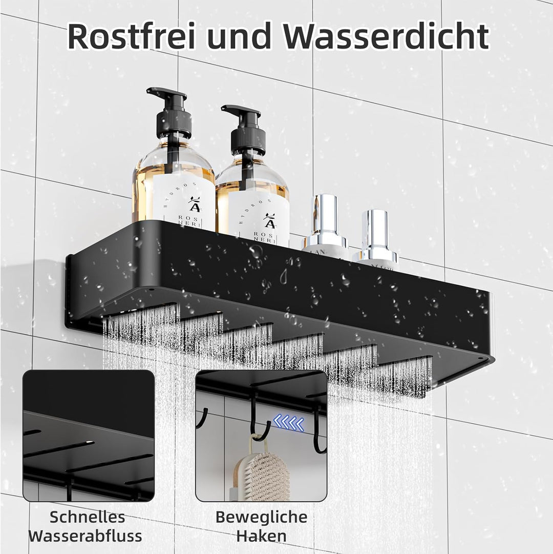 Wisfame Duschablage ohne Bohren, 2 Stück Aluminium Badezimmer Organizer mit 5 Haken, Wasserdichter,
