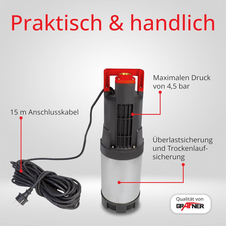 Grafner Automatik Drucktauchpumpe mit 1100 Watt und Rückschlagventil, 6500 l/h, max. 4,5 bar, Förder
