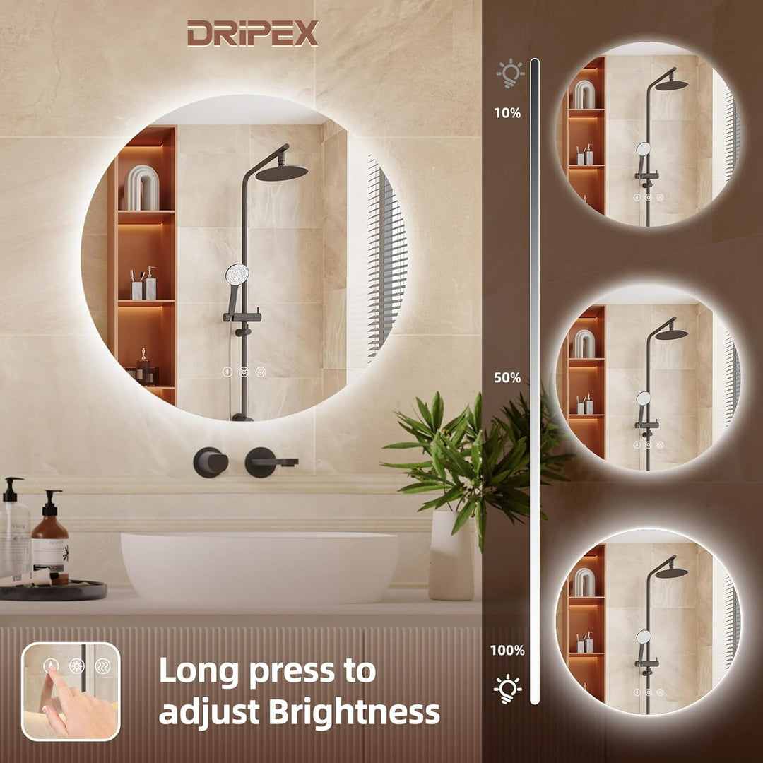 Dripex Badezimmerspiegel Led Badspiegel Rund, Touch-Schalter, Dimmbar, 3 Lichtfarbe Einstellbare Spi