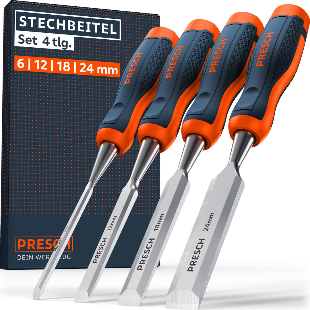 Presch Stechbeitel Set für Holz 4tlg. - Scharfes Stecheisen Set (6mm, 12mm, 18mm, 24mm) - Profi Beit