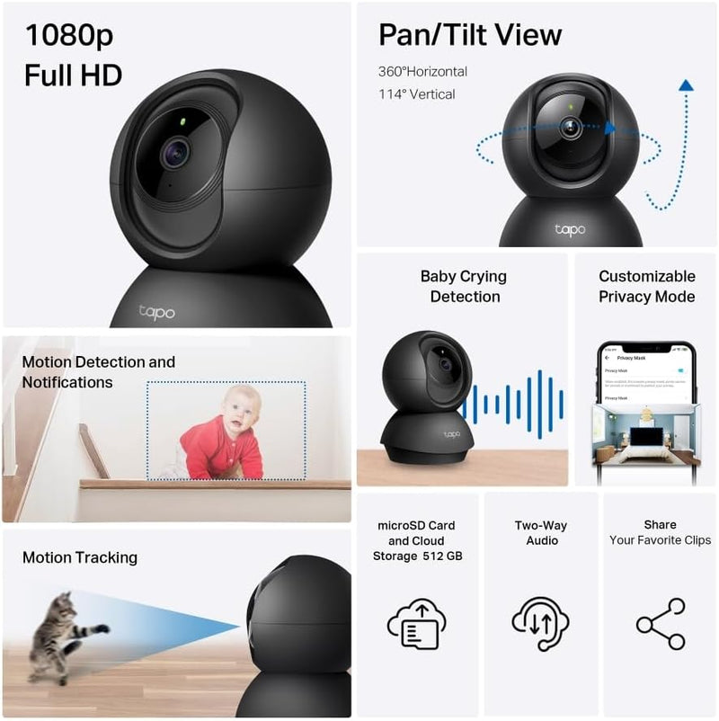 Tapo C201 360° WLAN-Überwachungskamera für Innenräume, 1080P, Nachtsicht, Bewegungserkennung, Zwei-W