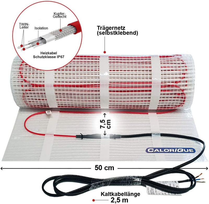 CALORIQUE Elektrische Heizkabelmatte – 5,0 m² – Sparsame Elektrische Fussbodenheizung 200 W/m² – TWI