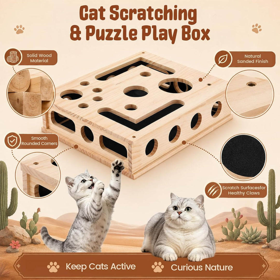 Katzen Kratzpuzzle 2-in-1 Nagelfeilen Box mit Sandpapier, Interaktives Katzenspielzeug Holz für Stre