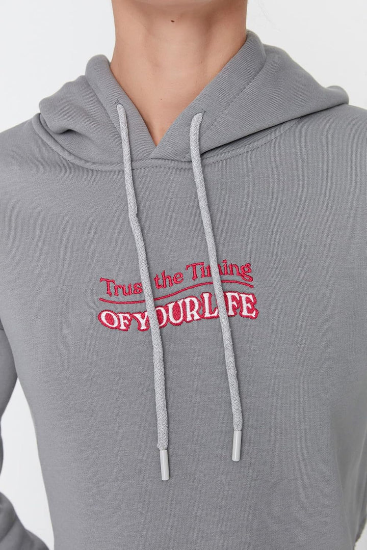 TRENDYOL Damen Hood with Slogan Schnitt Sweatshirt XS Gray, XS Gray