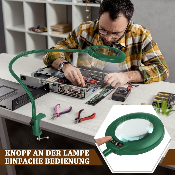 Veemagni 12X Lupe mit Licht und Klemme, Echtes Glas Lupenlampe, 5 Farbmodi Stufenlos Dimmbare, 23 Zo
