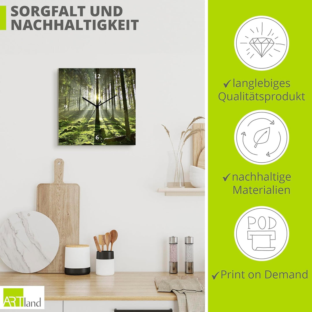 ARTLAND Wanduhr ohne Tickgeräusche Leinwand Quarzuhr 30x30 cm Quadratisch Lautlos Natur Design Wald
