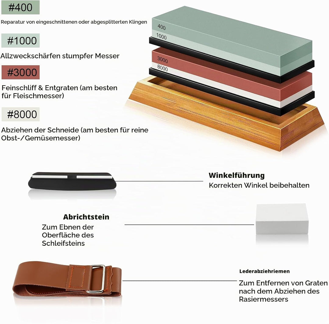 Abziehstein Schleifstein Messer Set 8-in-1, Doppelseitig Wetzstein für Messer 400/1000 &amp; 3000/8000 G