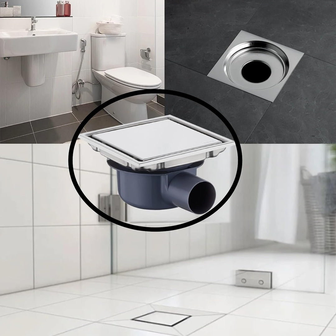 Duschrinne Quadratisch Edelstahl Bodenablauf mit 360° Siphon Geruchsstop, 2 in1 Befliesbar Ablaufrin