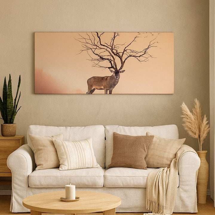 Panorama Bilder auf Leinwand 100x40cm Leinwandbild Hirsch Baum Nebel Wald Gross Wanddeko Bild Schlaf