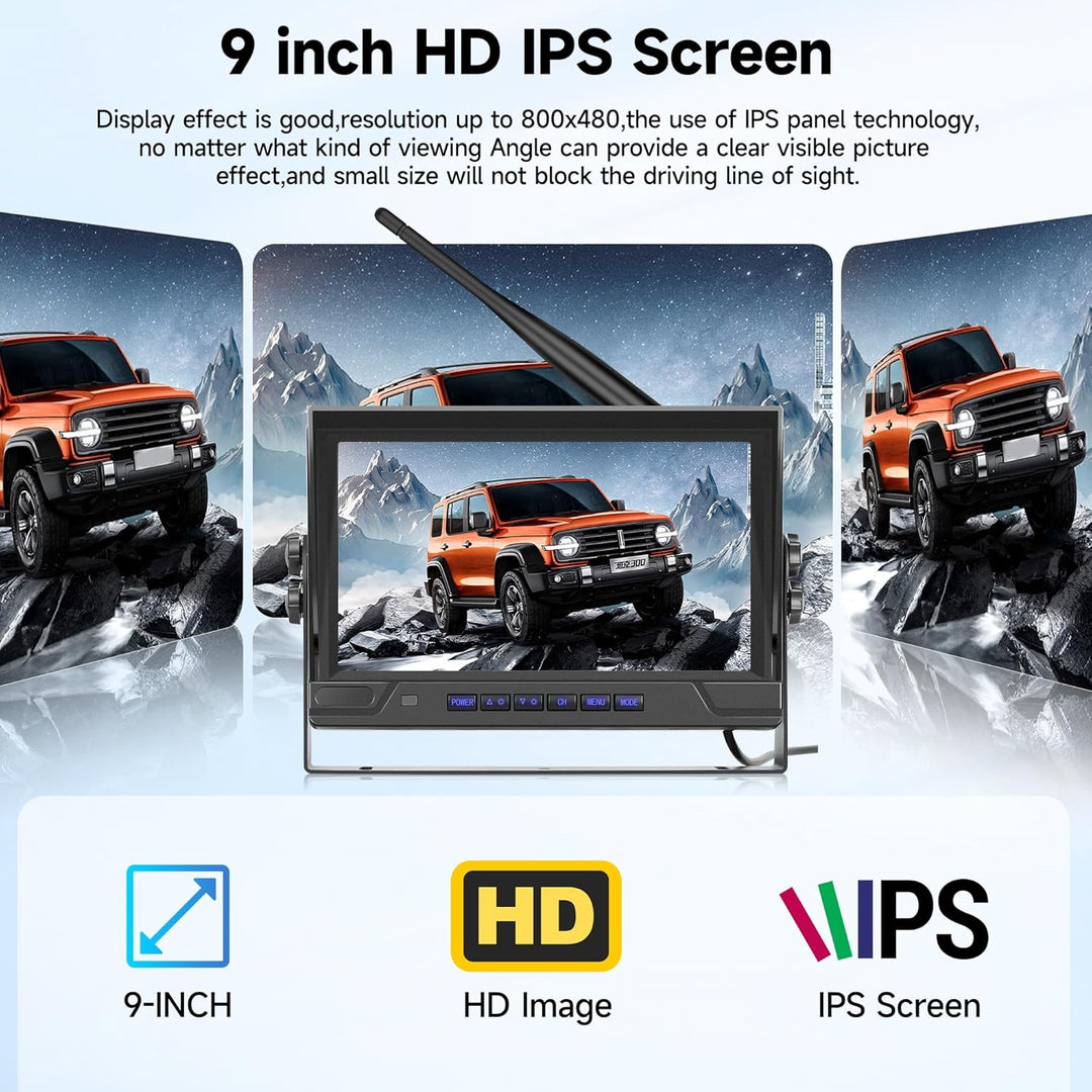 Rückfahrkamera Kabellos Kit, 1 Kamera mit 9 Zoll IPS Monitor, Rückfahrkamera mit IP68 wasserdichte,