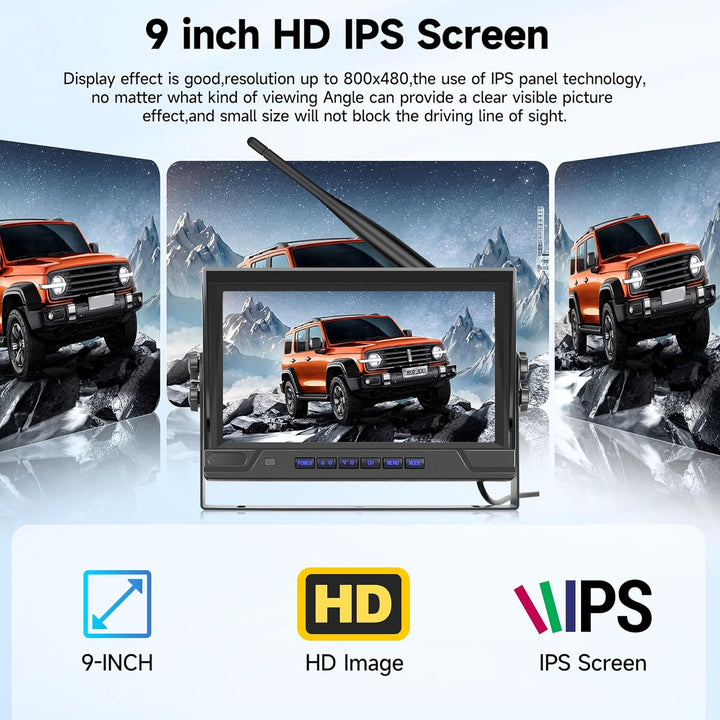 Rückfahrkamera Kabellos Kit, 1 Kamera mit 9 Zoll IPS Monitor, Rückfahrkamera mit IP68 wasserdichte,