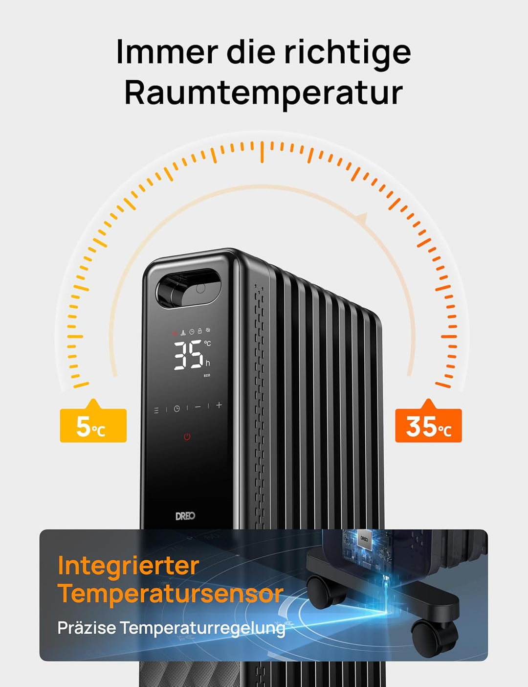 Dreo Ölradiator Energiesparend 2000W, Mobile Elektroheizung 9 Rippen mit Fernbedienung, 3 Heizstufen