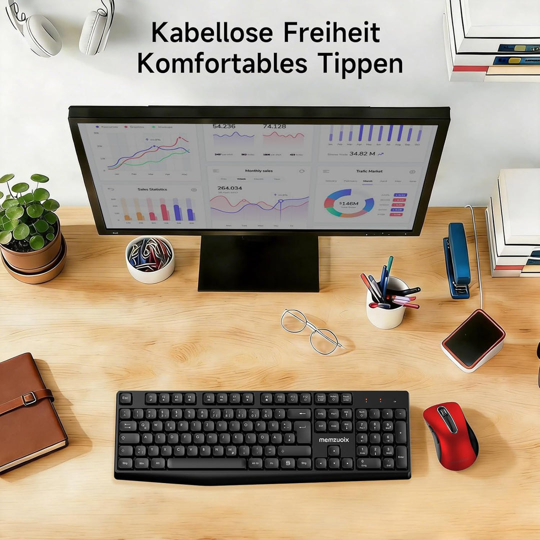 QWERTZ Kabelloses Tastatur Maus Set, Full Size 105-Tasten Tastatur mit Nummernblock, 2.4GHz Funk mit
