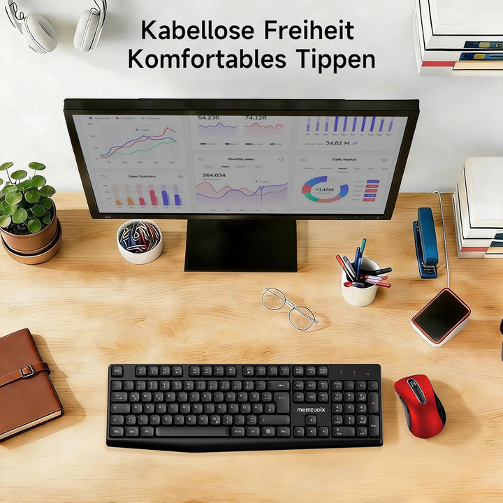 QWERTZ Kabelloses Tastatur Maus Set, Full Size 105-Tasten Tastatur mit Nummernblock, 2.4GHz Funk mit