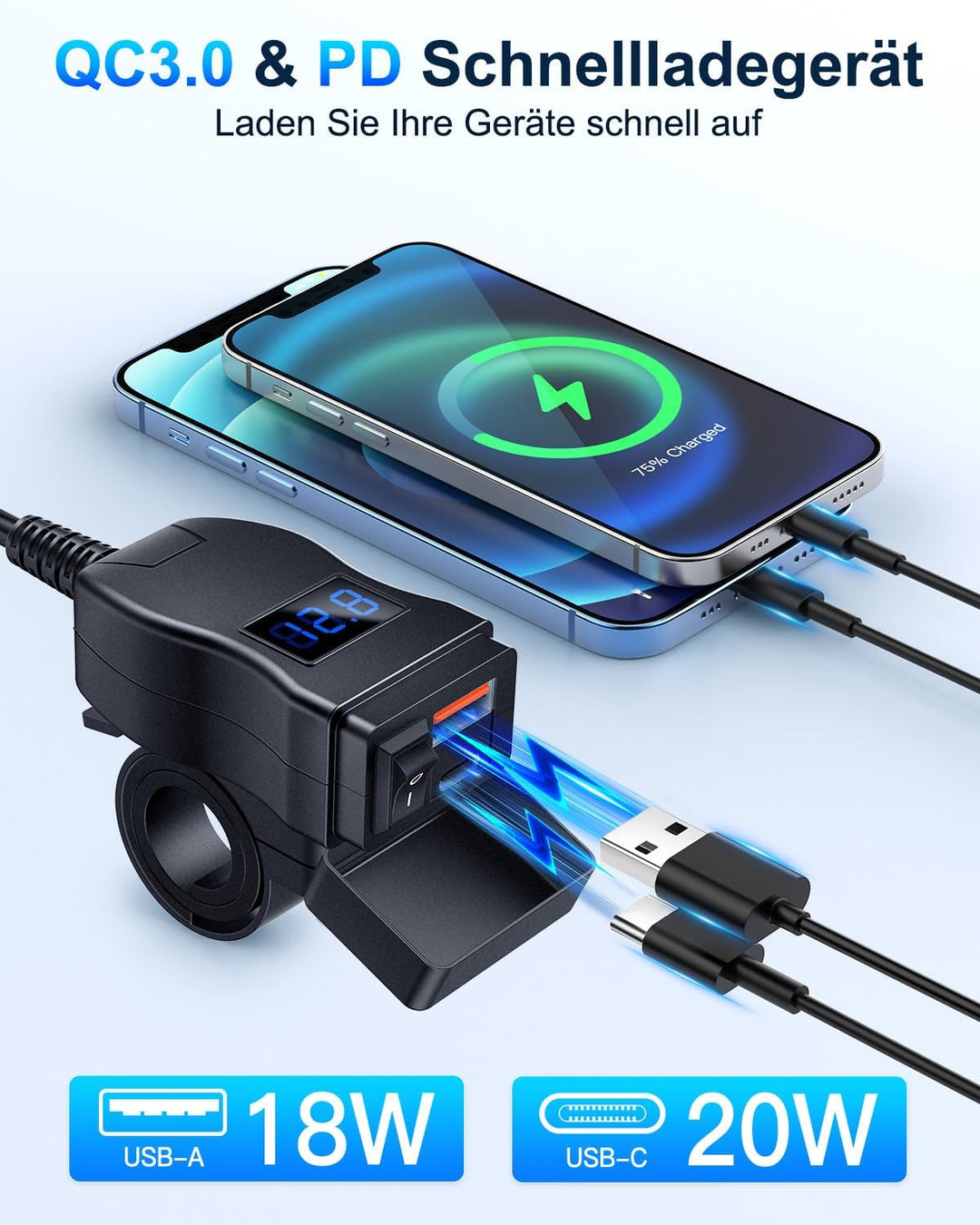 EXTRACTME Motorrad USB Ladegerät, Dual USB Typ C PD & Quick Charge 3.0 Motorrad Handy Ladegerät mit