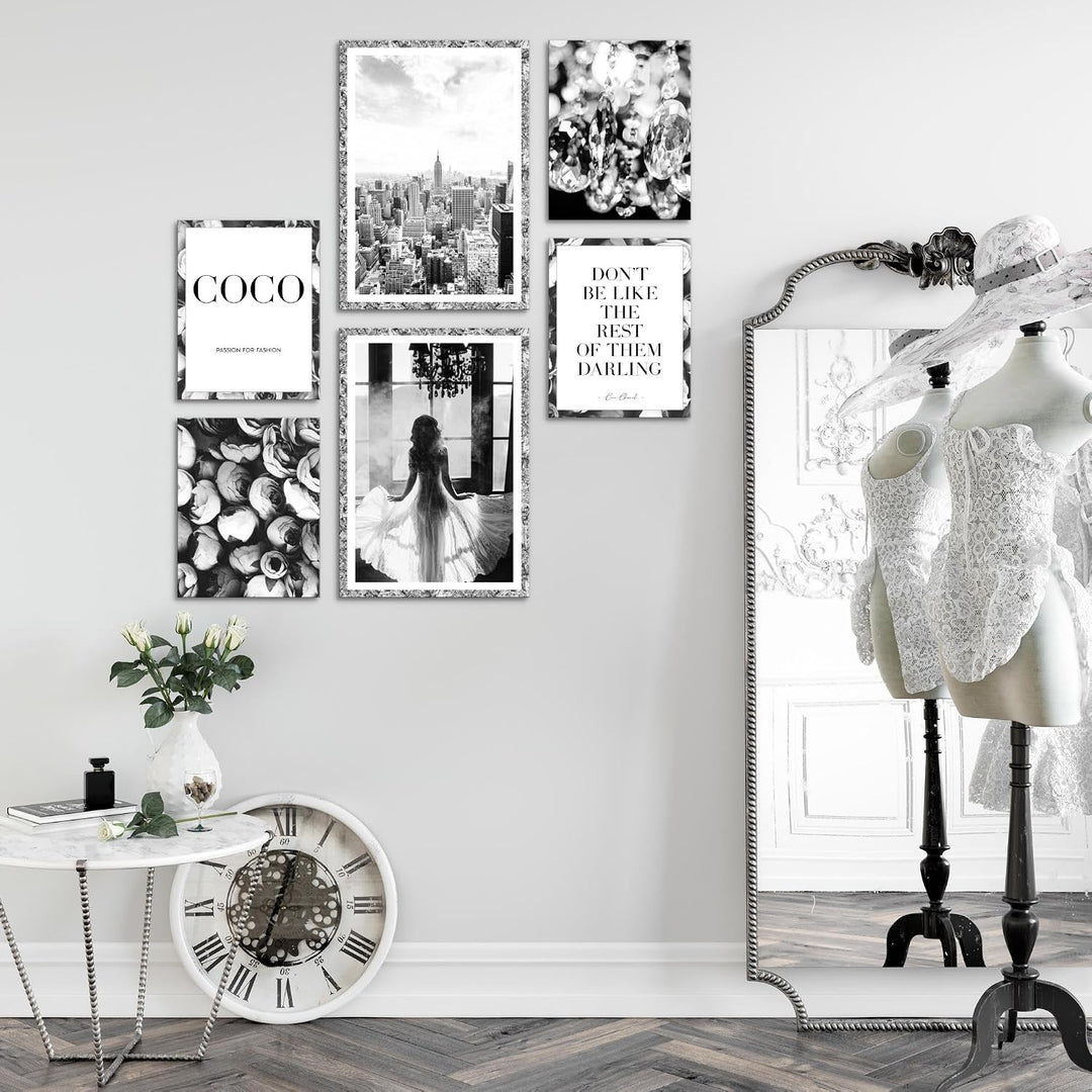 Novart Wandbilder Set Fashion Coco - KEIN EXTRA RAHMEN BENÖTIGT - Modern Deko - Wohnzimmer Mädchen T