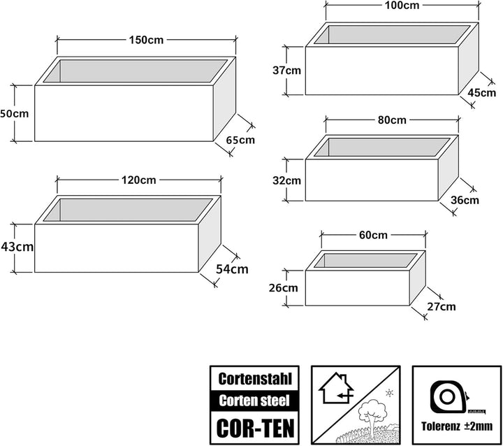 Köhko® Designer-Pflanztrog aus Cortenstahl Viva 80 x 36 x 32 cm | Pflanzkübel in Edelrost-Optik L80