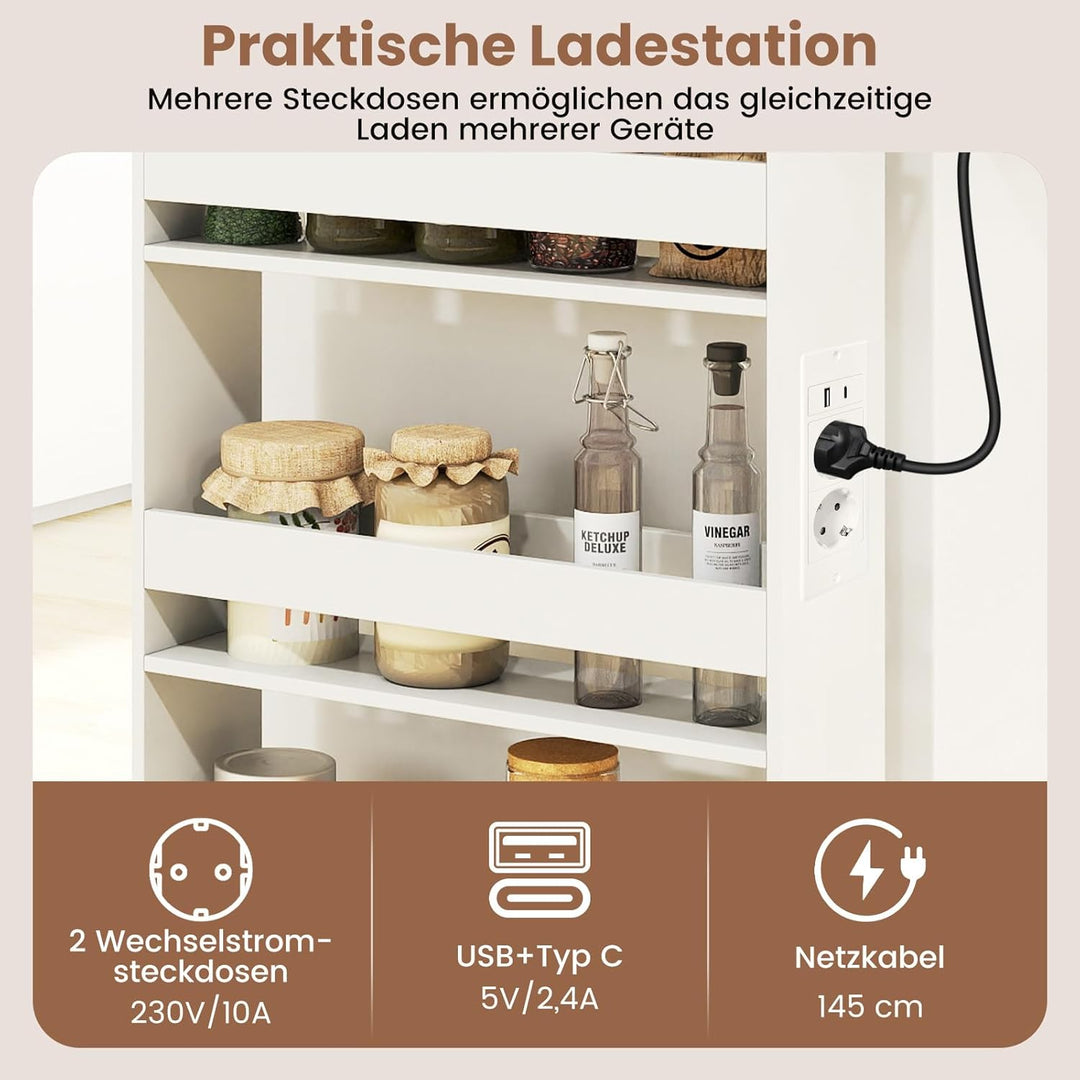 COSTWAY Nischenwagen 13cm breit, 4 Etagen Küchenwagen schmal mit Ladestation, Nischenregal auf Rolle
