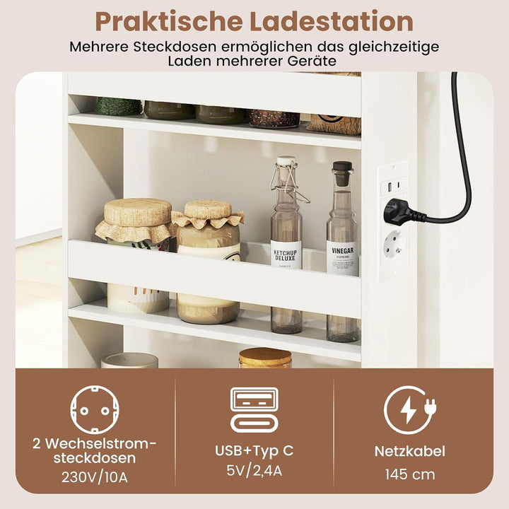 COSTWAY Nischenwagen 13cm breit, 4 Etagen Küchenwagen schmal mit Ladestation, Nischenregal auf Rolle