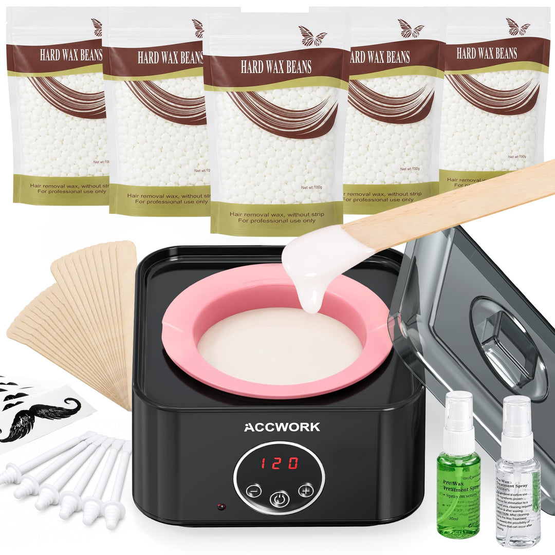 ACCWORK Waxing Set Haarentfernungs-Wachsset mit Wachswärmer, 500 g Wachsperlen, Silikon- und Alumini