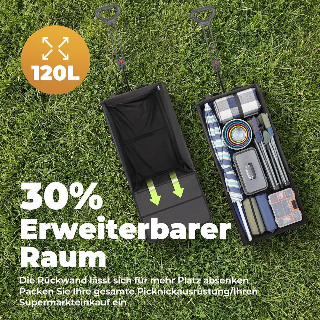 Bollerwagen Faltbar 120L Strandwagen Klappbar mit Heckklappe Regenschutz, Bremsen, Reflektorstreifen