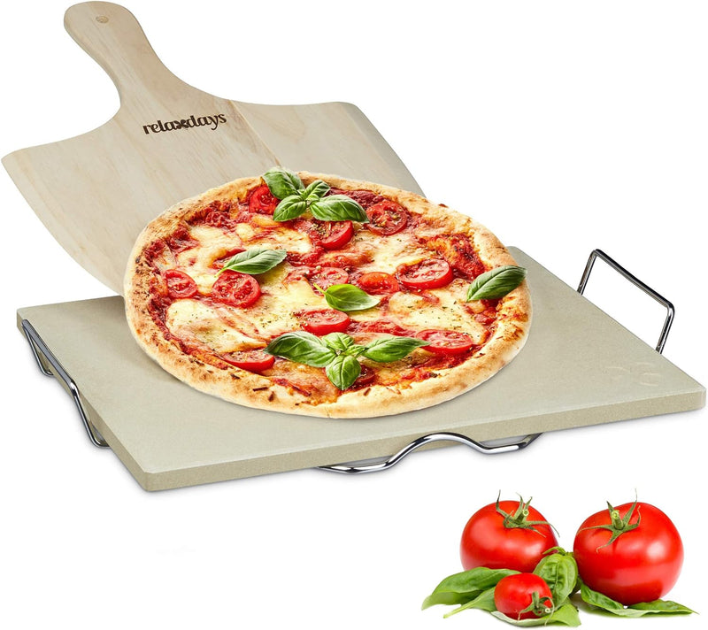 Relaxdays Pizzastein Set 1,5 cm Stärke mit Metallhalter und Pizzaschieber aus Holz HBT 1.5 x 38 x 30