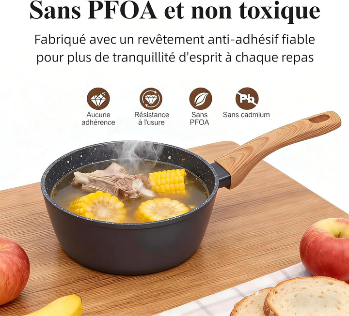 Topf & Pfanne Set grosse Bratpfanne - keramikbeschichteter Aluminiumholzgriff, alle Herdplatten (3,