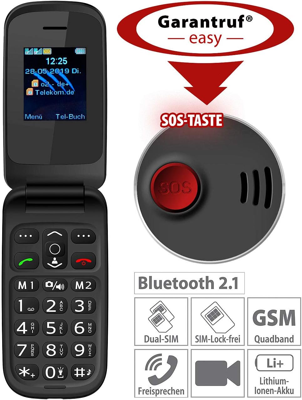 simvalley MOBILE Klapptelefon: Notruf-Klapphandy XL-949 mit Garantruf Easy, Dual-SIM und Bluetooth (