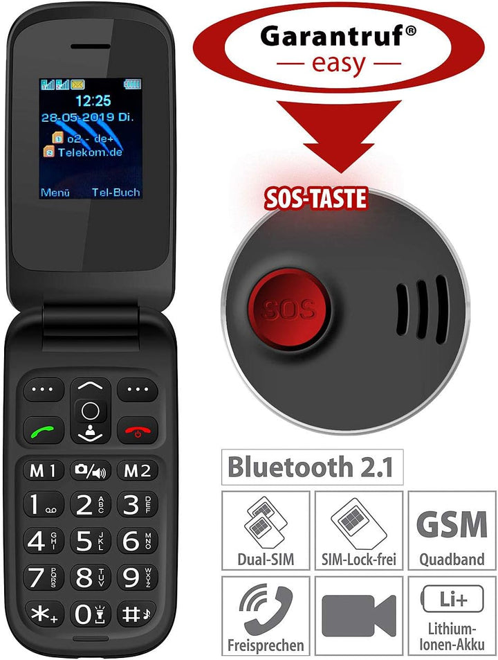 simvalley MOBILE Klapptelefon: Notruf-Klapphandy XL-949 mit Garantruf Easy, Dual-SIM und Bluetooth (