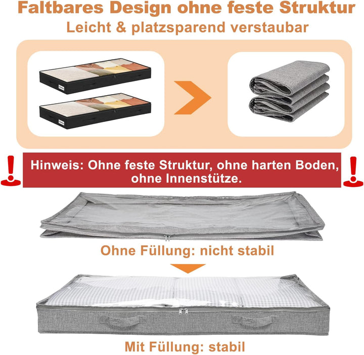 4 Stück Unterbett Aufbewahrungsbox,10cm hoch Unterbettkommode mit klarem Deckel, Faltbare Kleiderauf