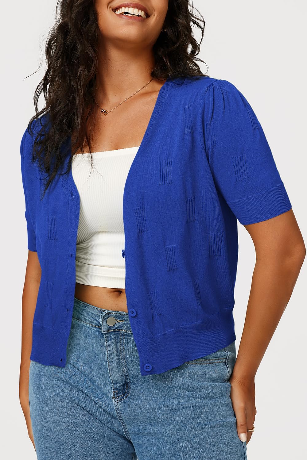 VOTEPRETTY Damen Strickjacke Sommer Kurzarm Cardigan V Ausschnitt Leichte Solid Top Elegant Bolero S