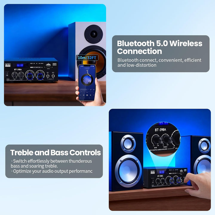 BT-398A HiFi-Verstärker Bluetooth 5.0 Stereo Audioverstärker 2.0 Kanal 60W+60W Digitale Verstärker E