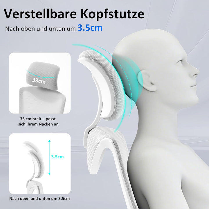 Fizzin Ergonomischer Bürostuhl Grau Schreibtischstuhl mit Verstellbarer Lendenstütze und Kopfstütze