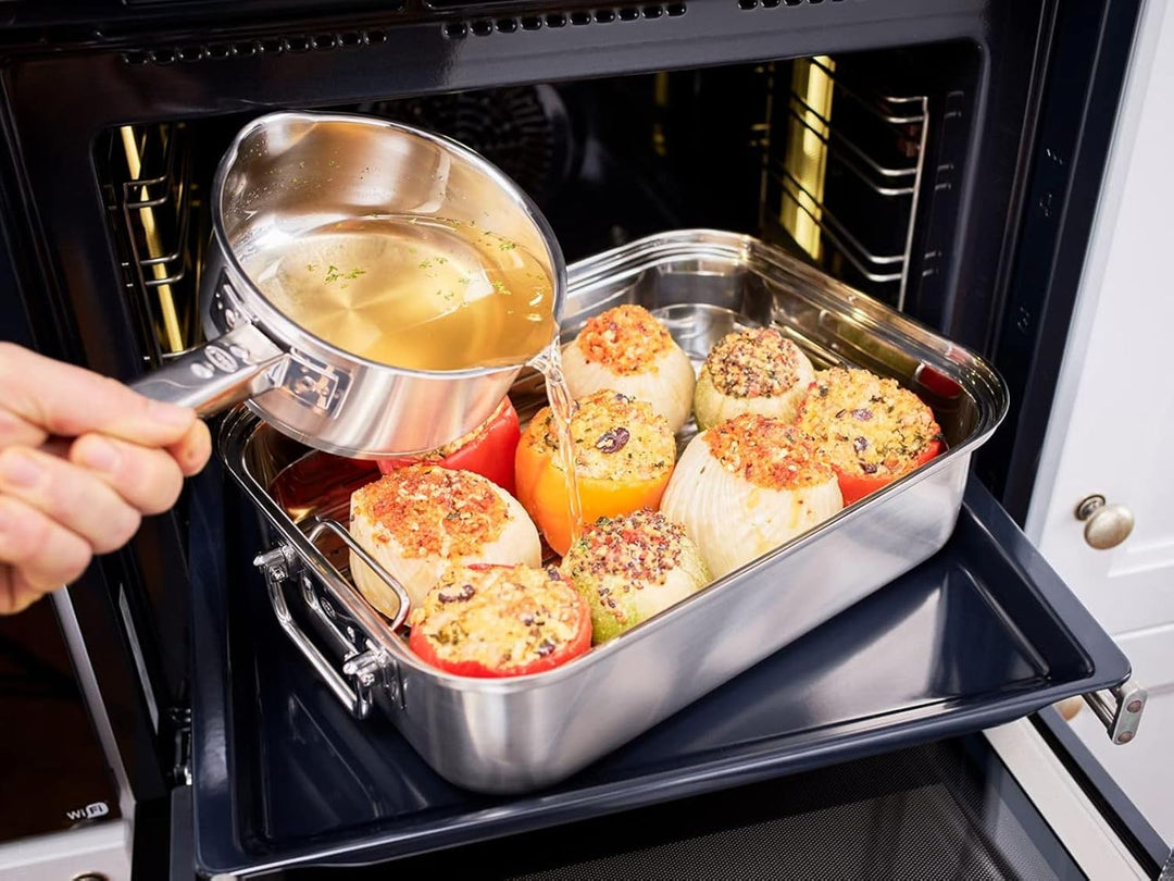 RÖSLE EXPERTISO Bräter rechteckig, Hochwertiger Bräter mit Glasdeckel, Edelstahl 18/10, backofengeei