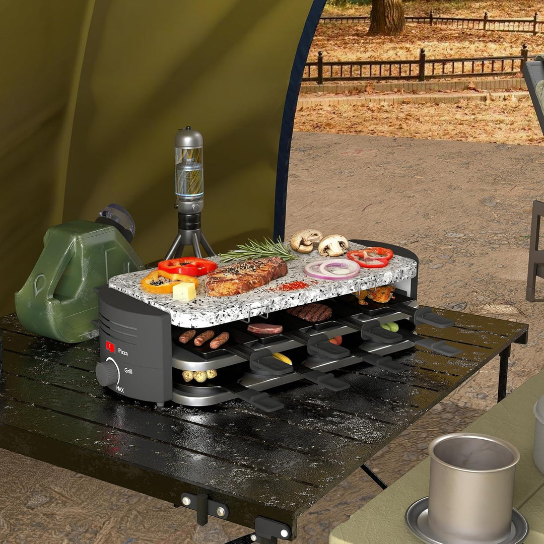 FIVMEN Raclette 8 Personen Raclette Grill 1600W mit 14 Pfännchen, Granitplatte & Antihaftplatte Elec