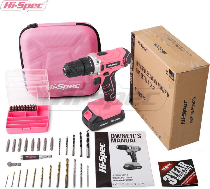 Hi-Spec 58-tlg. 18V-Akkubohrer in Pink Rosa mit S2 Bit Satz. DIY Akkuschrauber, Bohrmaschine für Met