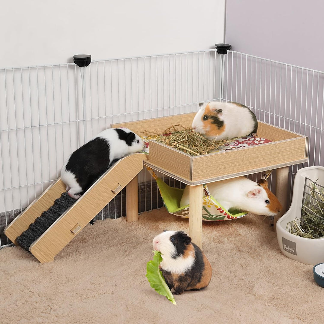 MEWTOGO Meerschweinchen-Hängematte mit Plattform, sicheres Holz-Versteck für Meerschweinchen mit Tre