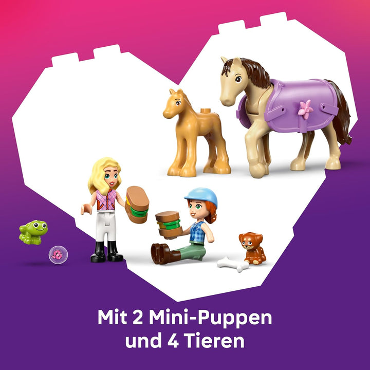 LEGO Friends Pferd und Fohlen mit Pferdeanhänger - Pferde Spielset mit Pflegezubehör, 4 Tierfiguren,