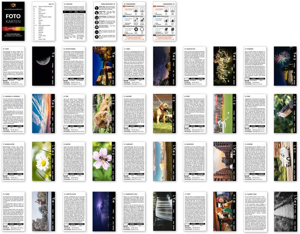 Fotokarten Fotorezepte | 20 Fotografie-Spickzettel mit Kameraeinstellungen & Tipps | CheatCards für