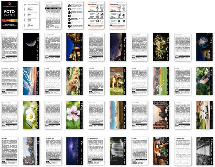Fotokarten Fotorezepte | 20 Fotografie-Spickzettel mit Kameraeinstellungen & Tipps | CheatCards für