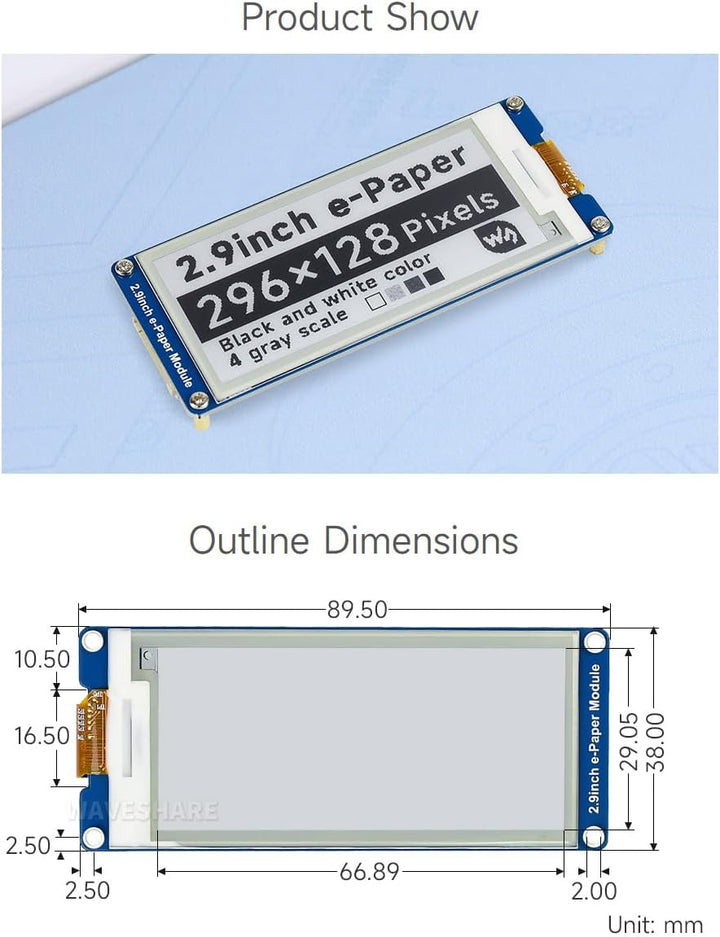 Waveshare 2.9 Inch E-Paper Display Panel Module Kit 296x128 Resolution E-Ink Electronic Screen for f