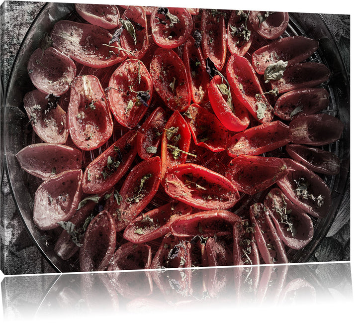 Pixxprint Tomaten Olivenöl Kräuter als Leinwandbild/Grösse: 100x70 cm/Wandbild/Kunstdruck/fertig bes