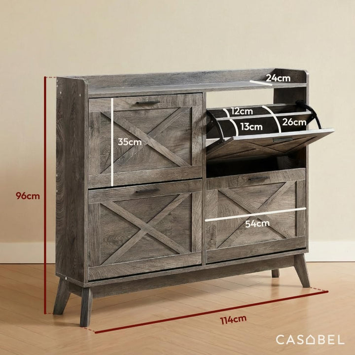 CASABEL Schuhschrank mit 4 Klappen, Fronten mit Kreuzmuster, DunklesHolz, Funktionales Design, Gross