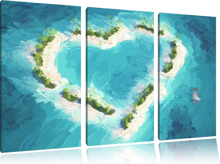 Pixxprint Herz geformt aus Inseln / 3-Teilig/Gesamtmass 120cm Leinwandbild bespannt auf Holzrahmen/W