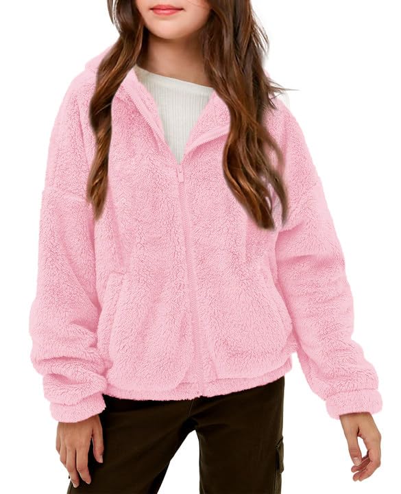 Haloumoning Mädchen Fleece Jacken Kinder Weich Fuzzy Kapuzenpullover Winter Coat Jacke, Rosa