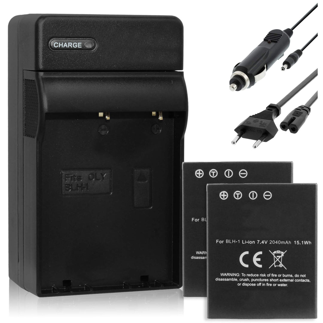 2X Akku 2040mAh + Ladegerät (KFZ, Netz) kompatibel zu Olympus BLH-1 BLH1 für Olympus OM-D E-M1 Mark