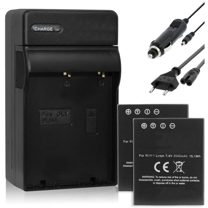 2X Akku 2040mAh + Ladegerät (KFZ, Netz) kompatibel zu Olympus BLH-1 BLH1 für Olympus OM-D E-M1 Mark