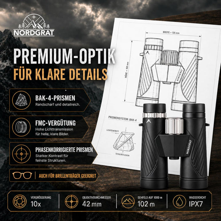 Fernglas 10x42 für Erwachsene – IPX7 wasserdicht, BAK-4-HD-Prisma, FMC-Linsen, phasenkorrigiert, für