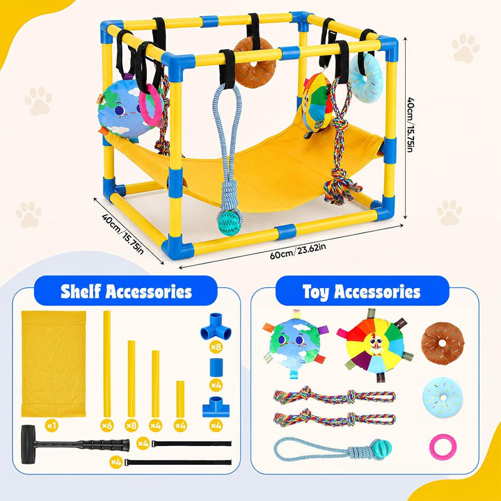 Welpen Spielgerüst Welpenspielstudio mit 8 hängenden Spielzeugen Wurfbox | für kleine Hunde Indoor S