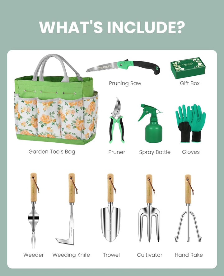 YAUNGEL Gartenwerkzeug Set, 10 Stück Schwerlast Edelstahl Gartenarbeit Kit, Gartengeräte Set mit Non
